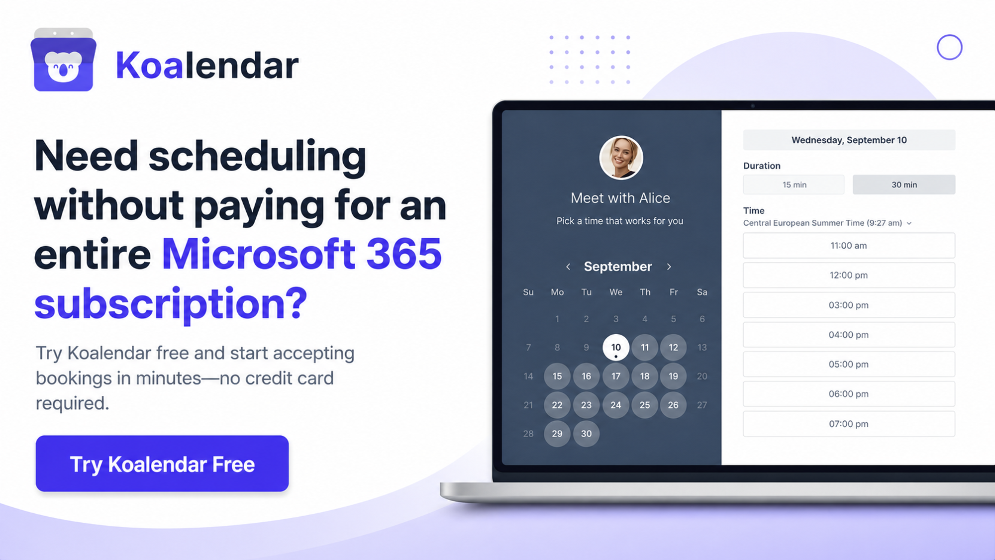 banner of koalendar allowing to schedule meetings without microsoft subscription